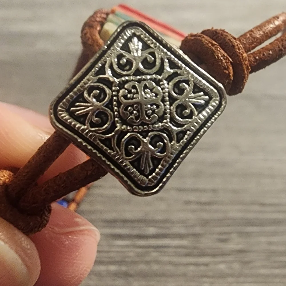 Multicolor Jade Stone Bracelet with Leather‎ Cord, 7 1/4